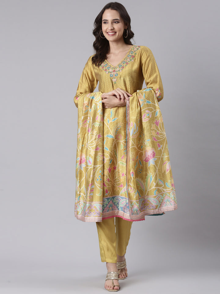 Mustard Silk Embroidered With Work Three Piece Set
