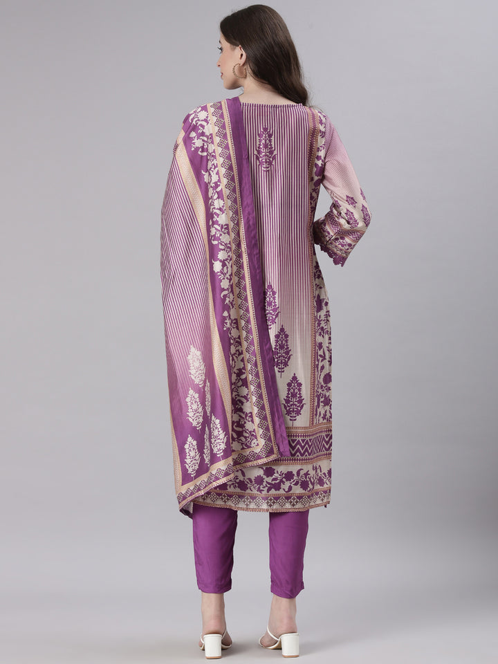 Neerus Purple Printed Straight Kurta and Trousers With Dupatta