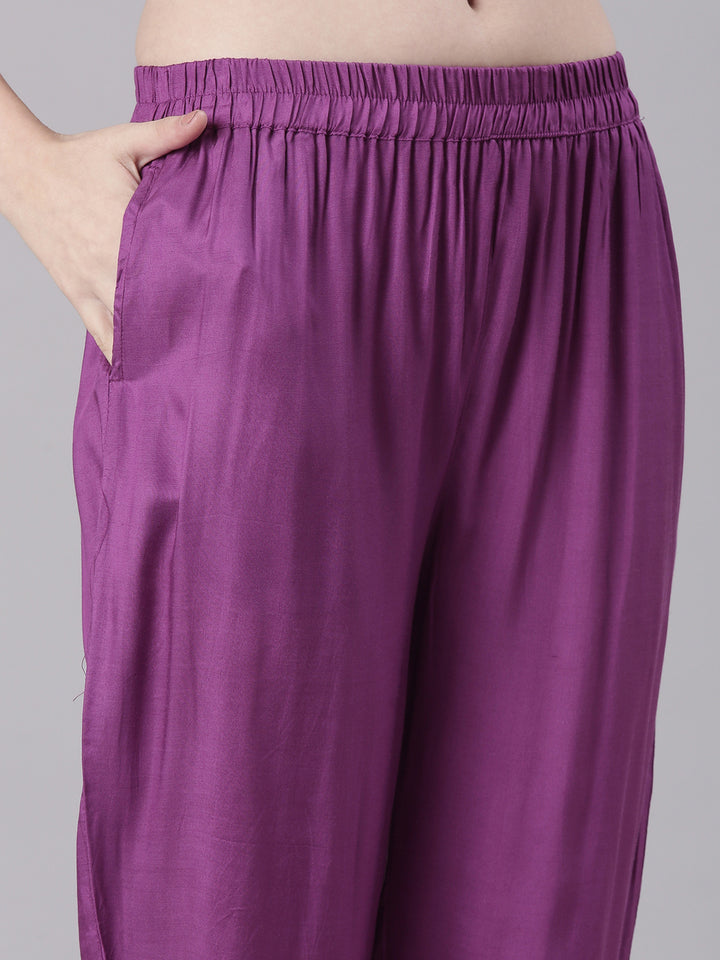 Neerus Purple Printed Straight Kurta and Trousers With Dupatta