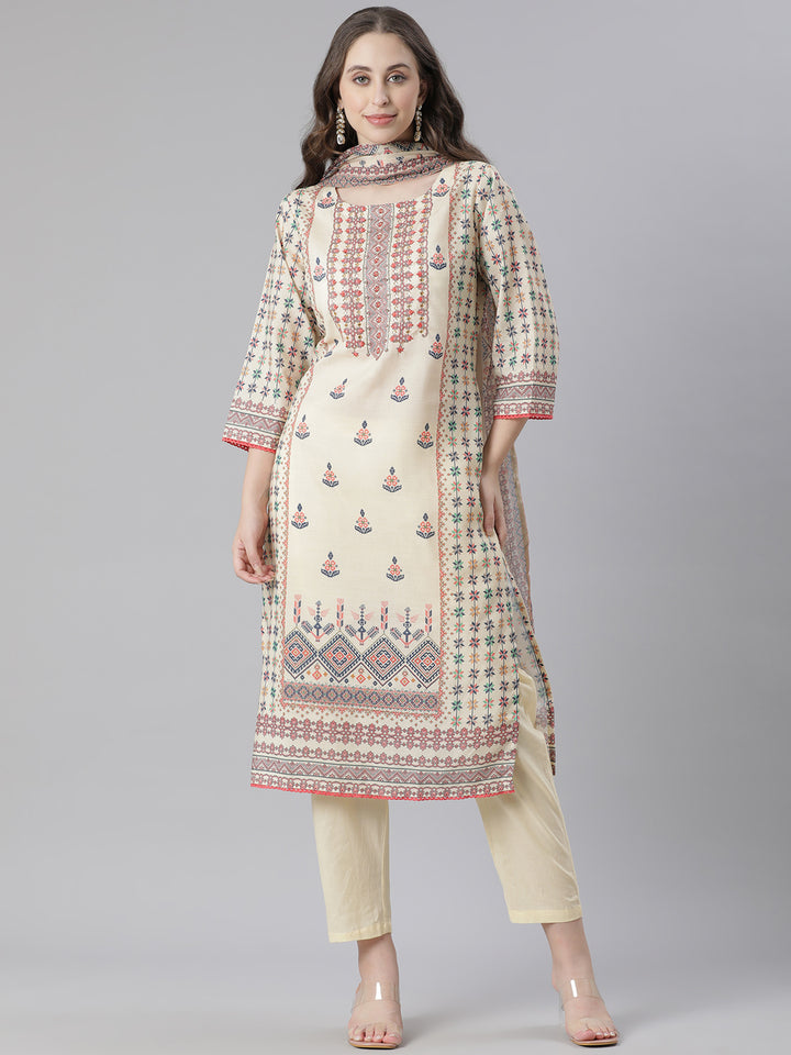 Neerus Yellow Printed Straight Kurta and Trousers With Dupatta