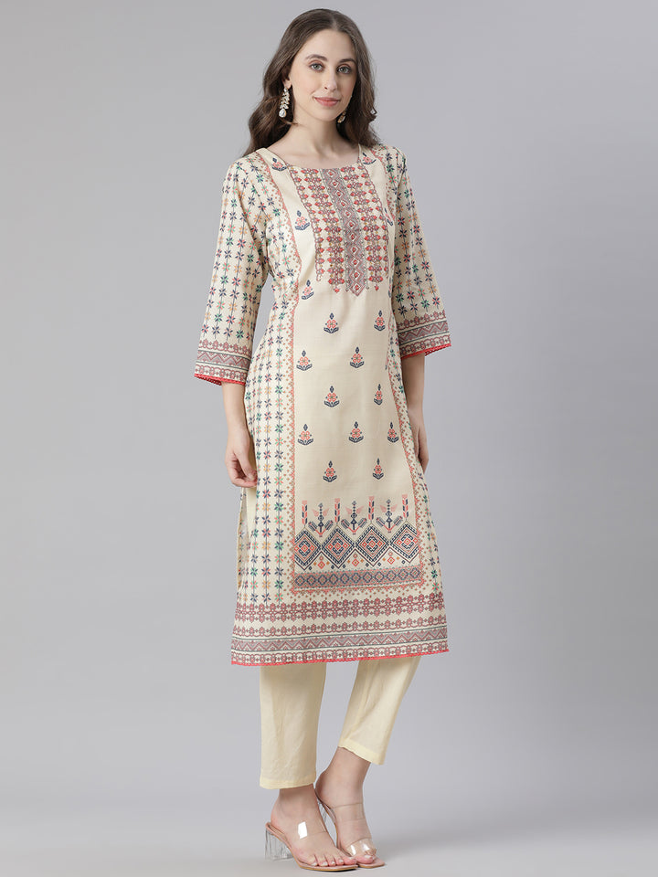 Neerus Yellow Printed Straight Kurta and Trousers With Dupatta