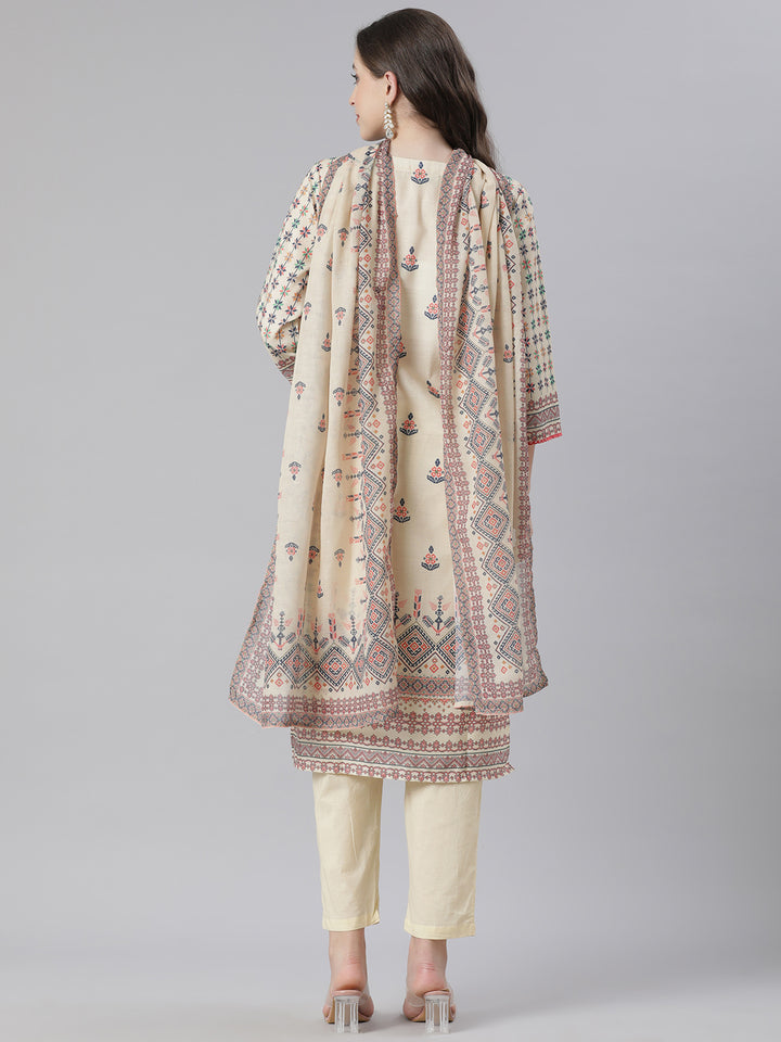Neerus Yellow Printed Straight Kurta and Trousers With Dupatta