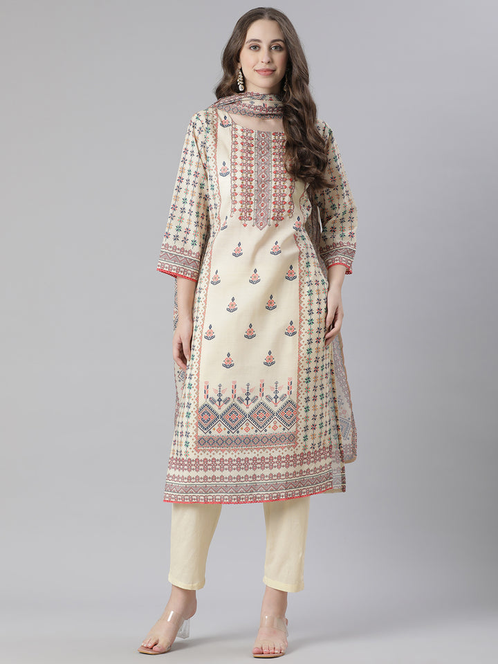 Neerus Yellow Printed Straight Kurta and Trousers With Dupatta