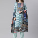 Neerus Blue Printed Straight Kurta and Trousers With Dupatta
