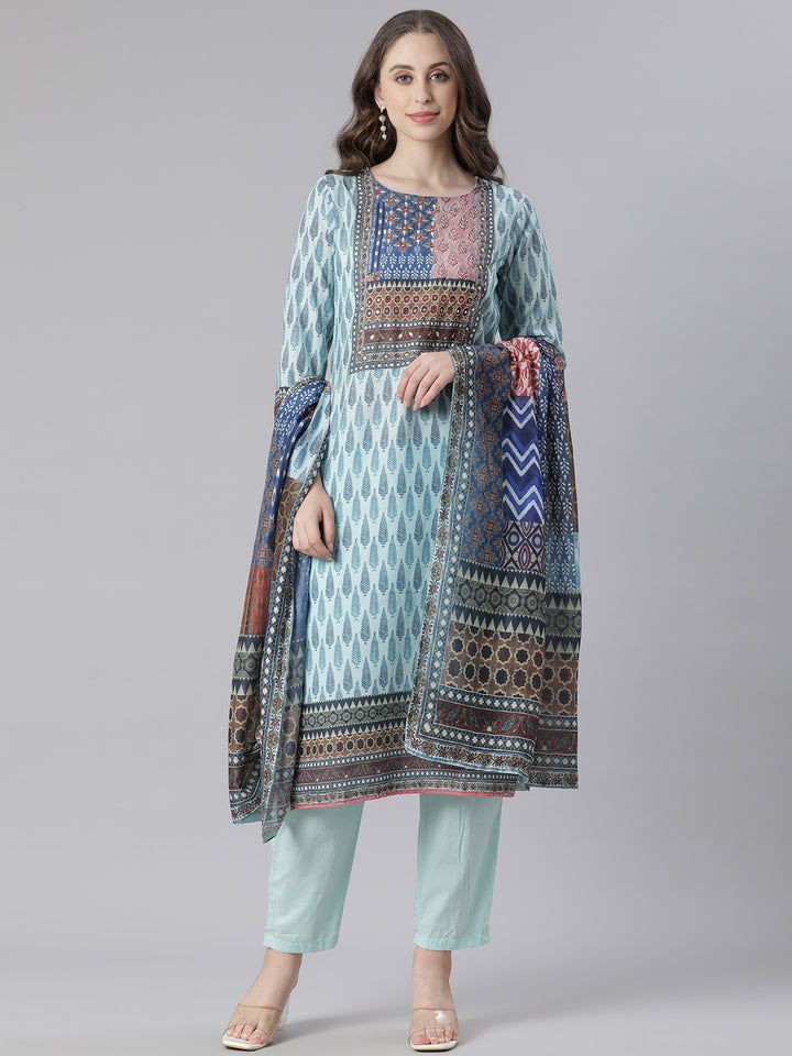 Neerus Blue Printed Straight Kurta and Trousers With Dupatta