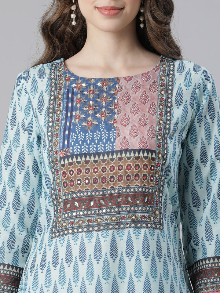 Neerus Blue Printed Straight Kurta and Trousers With Dupatta