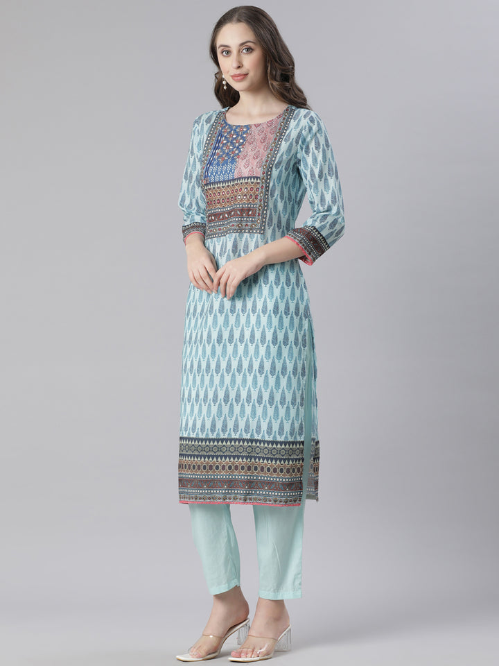 Neerus Blue Printed Straight Kurta and Trousers With Dupatta