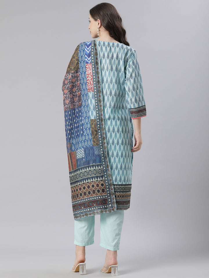 Neerus Blue Printed Straight Kurta and Trousers With Dupatta