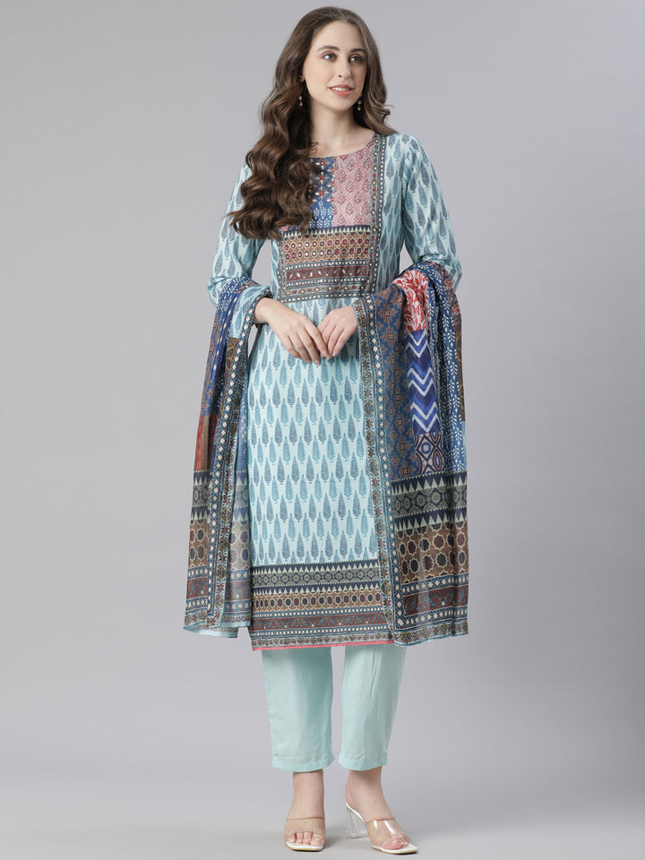 Neerus Blue Printed Straight Kurta and Trousers With Dupatta