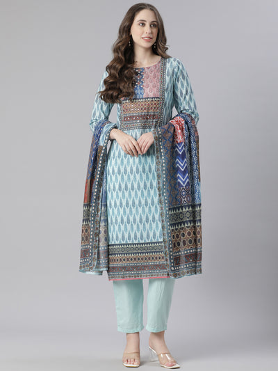Neerus Blue Printed Straight Kurta and Trousers With Dupatta