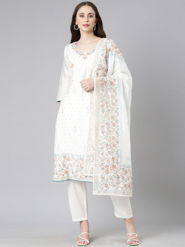 Neerus Off White Embroidered Straight Kurta and Trousers With Dupatta