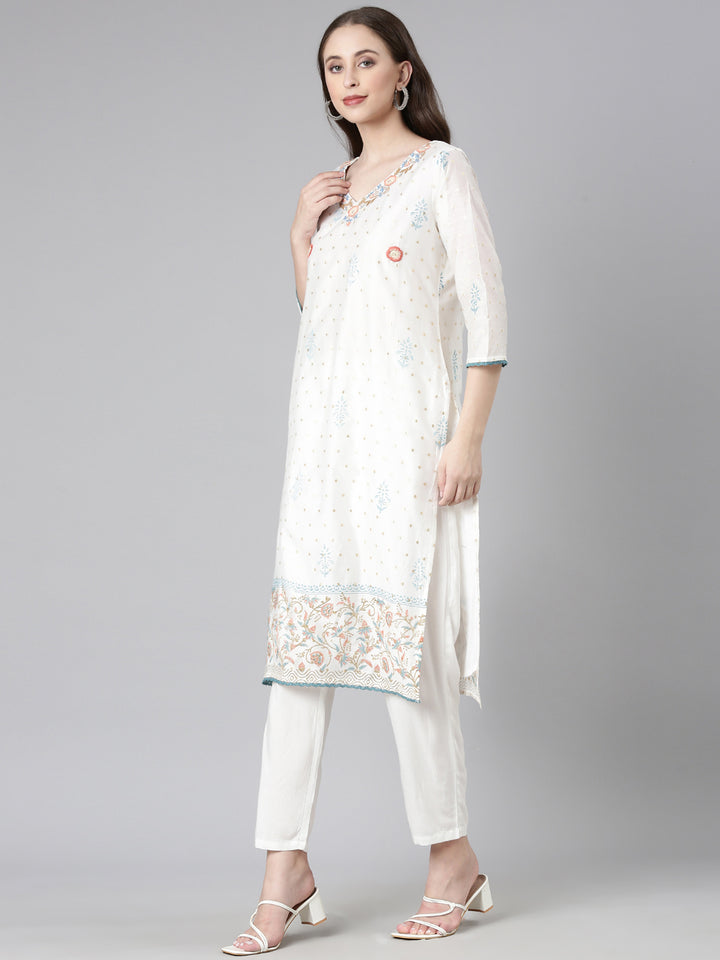 Neerus Off White Embroidered Straight Kurta and Trousers With Dupatta
