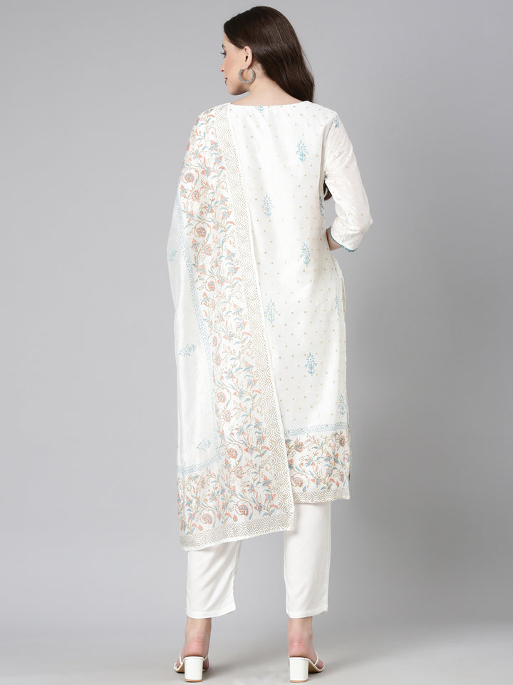 Neerus Off White Embroidered Straight Kurta and Trousers With Dupatta