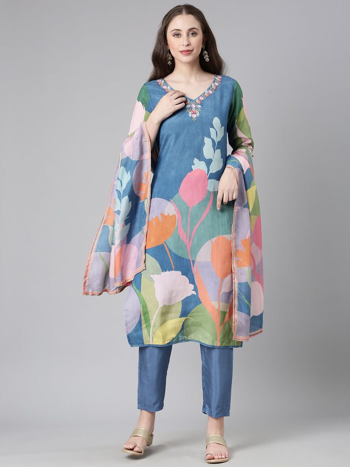 Neerus Blue Printed Straight Kurta and Trousers With Dupatta