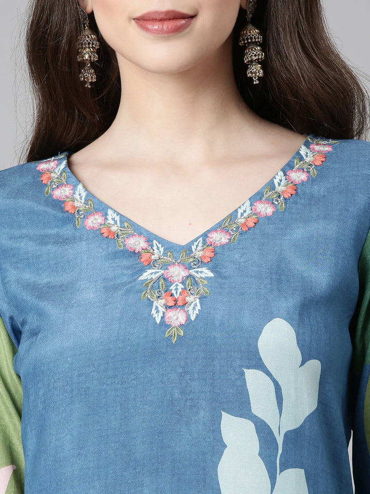 Neerus Blue Printed Straight Kurta and Trousers With Dupatta