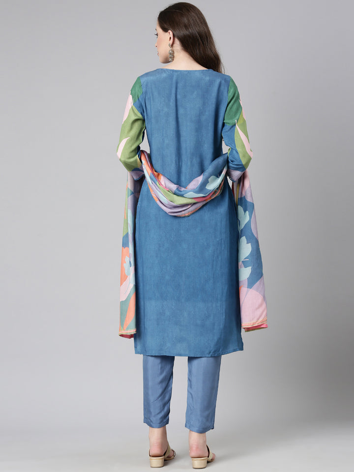 Neerus Blue Printed Straight Kurta and Trousers With Dupatta