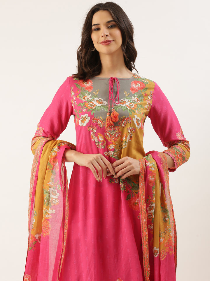 Pink Muslin Printed Three Piece Set