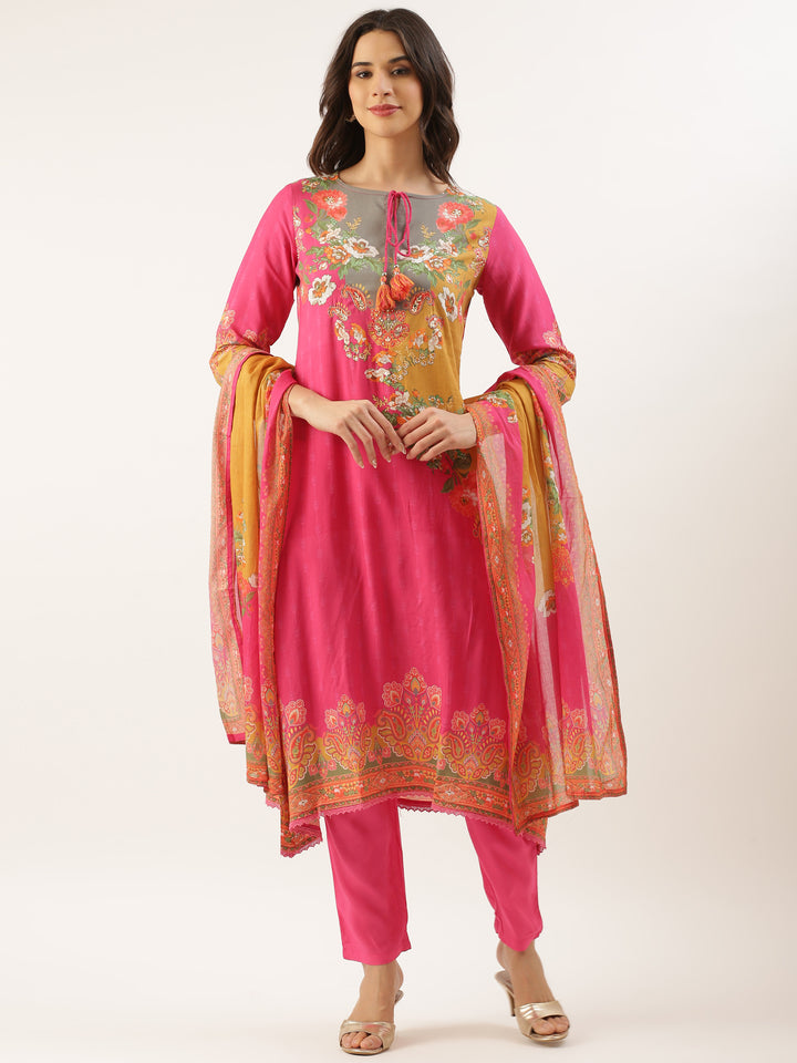 Pink Muslin Printed Three Piece Set