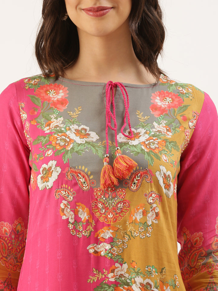 Pink Muslin Printed Three Piece Set