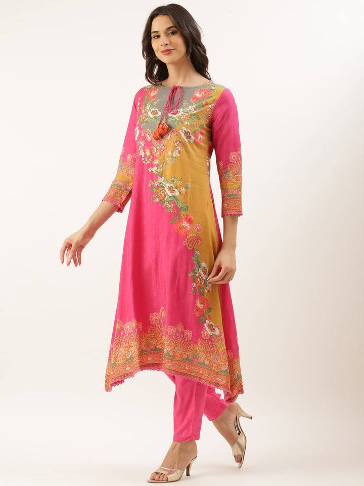 Pink Muslin Printed Three Piece Set