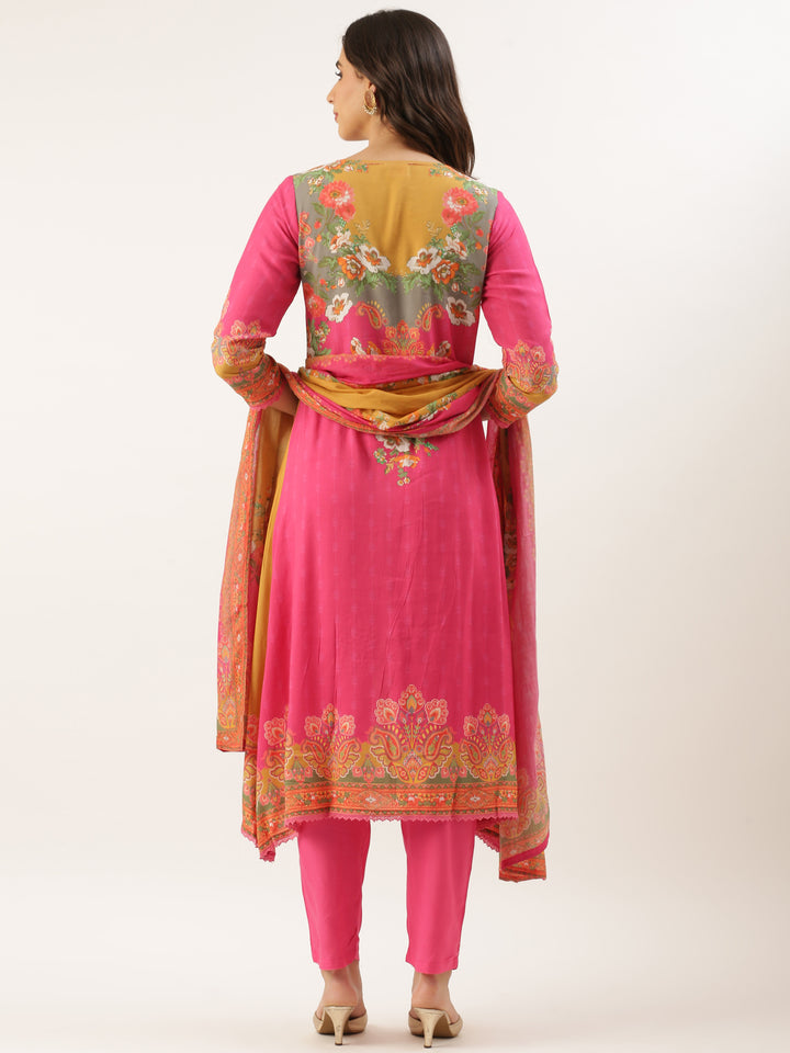 Pink Muslin Printed Three Piece Set