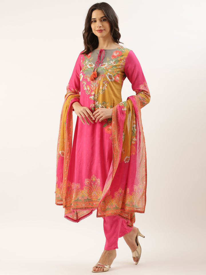 Pink Muslin Printed Three Piece Set