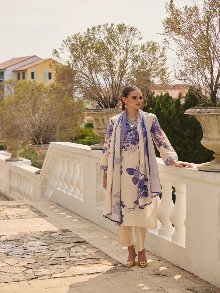 Neerus Cream Printed Straight Kurta and Trousers With Dupatta