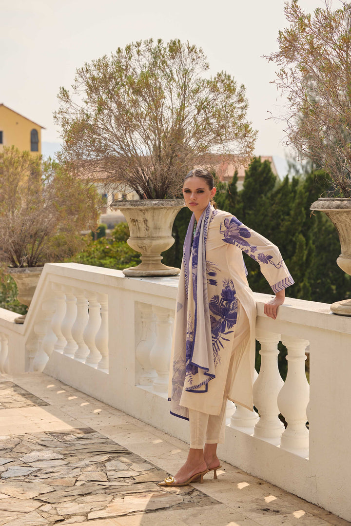 Neerus Cream Printed Straight Kurta and Trousers With Dupatta