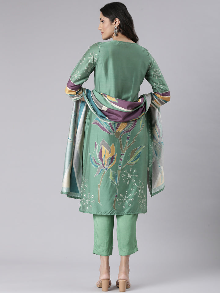 Neerus Green Printed Straight Kurta and Trousers With Dupatta