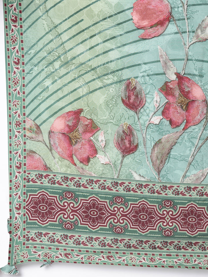 Neerus Green Printed Straight Kurta and Trousers With Dupatta