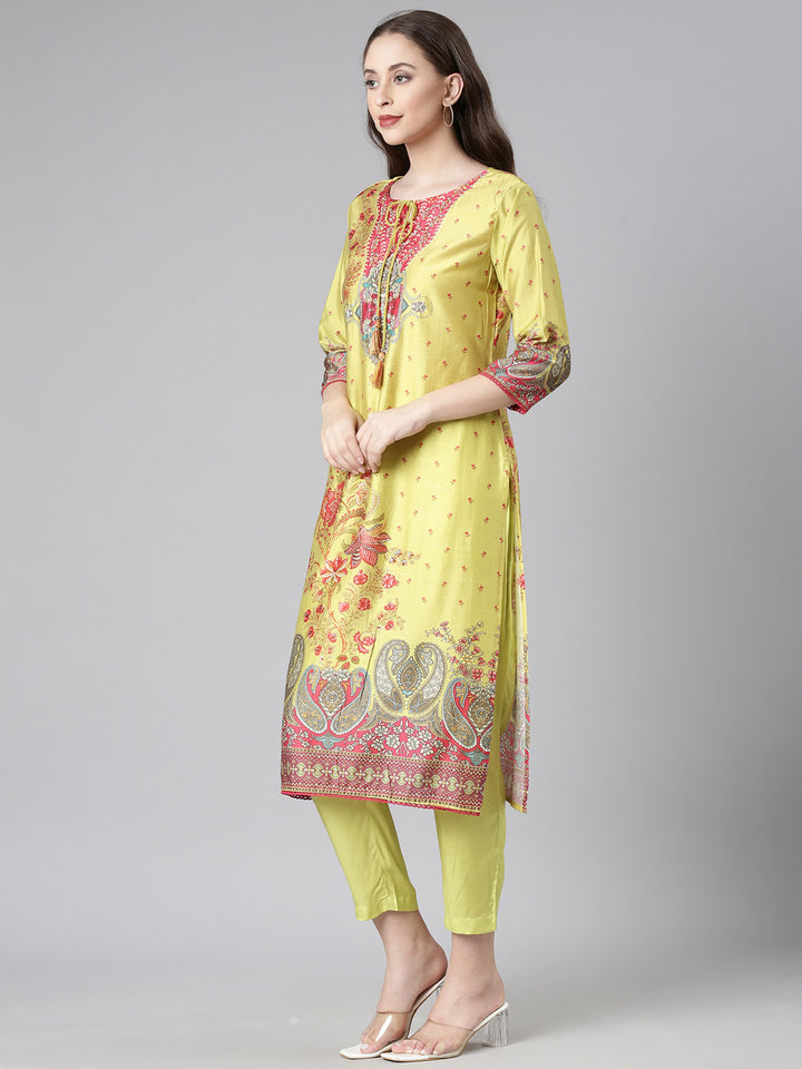Neerus Green Yoke Design Straight Kurta and Trousers With Dupatta
