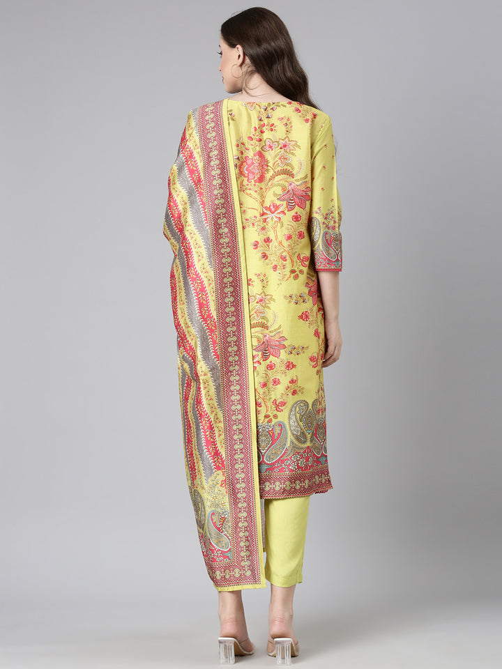 Neerus Green Yoke Design Straight Kurta and Trousers With Dupatta