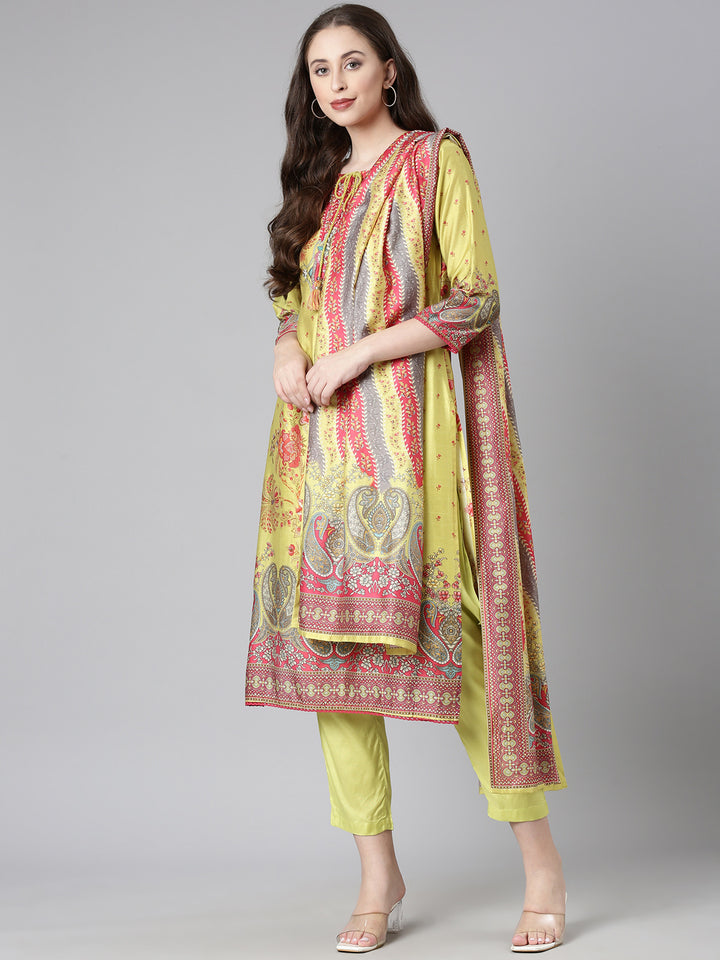 Neerus Green Yoke Design Straight Kurta and Trousers With Dupatta