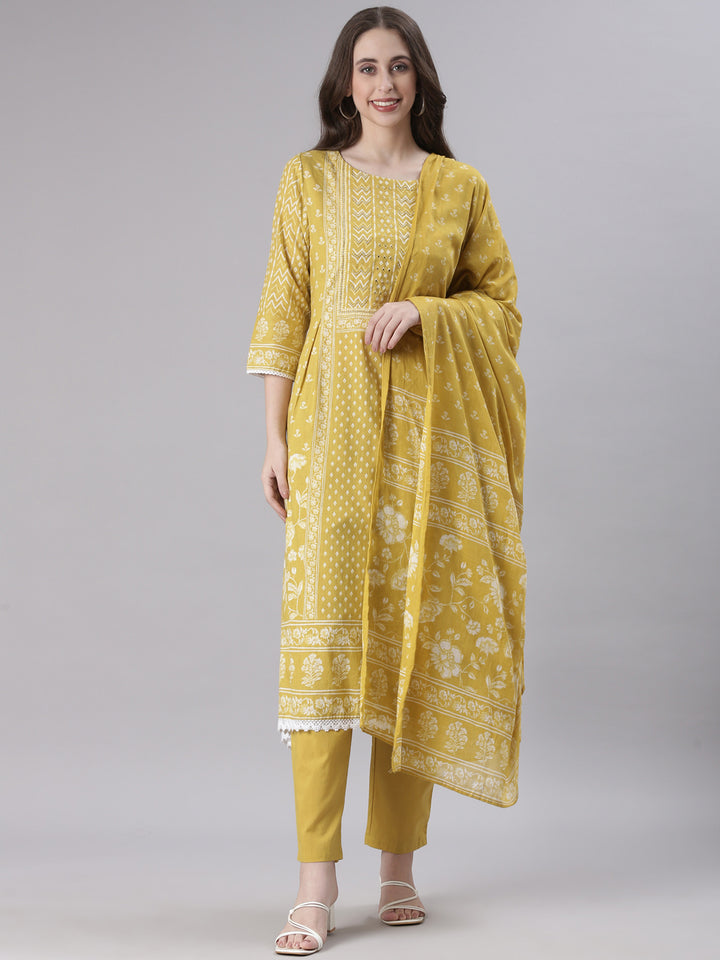 Neerus Mustard Printed Straight Kurta and Trousers With Dupatta