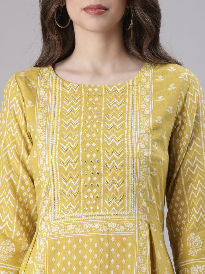 Neerus Mustard Printed Straight Kurta and Trousers With Dupatta
