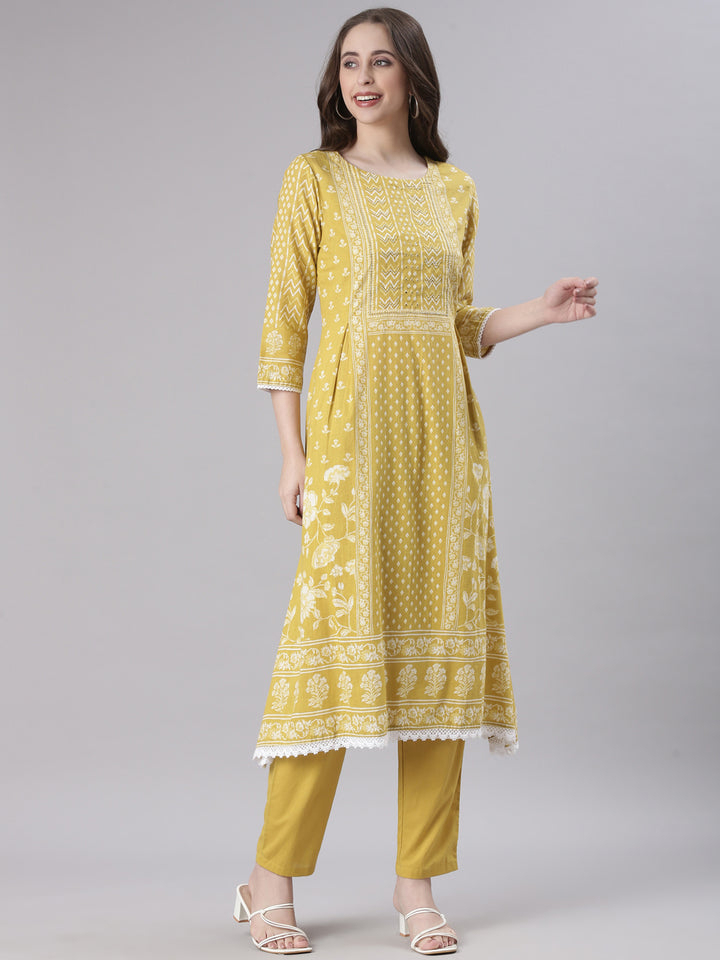 Neerus Mustard Printed Straight Kurta and Trousers With Dupatta