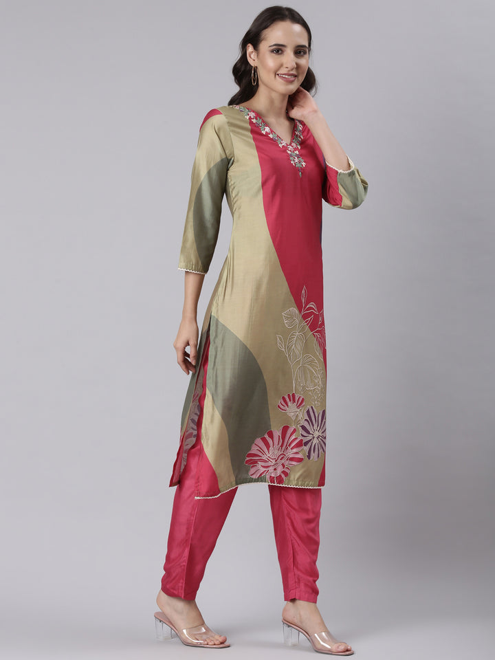 Magenta Dola Silk Embroidered With Work Three Piece Set