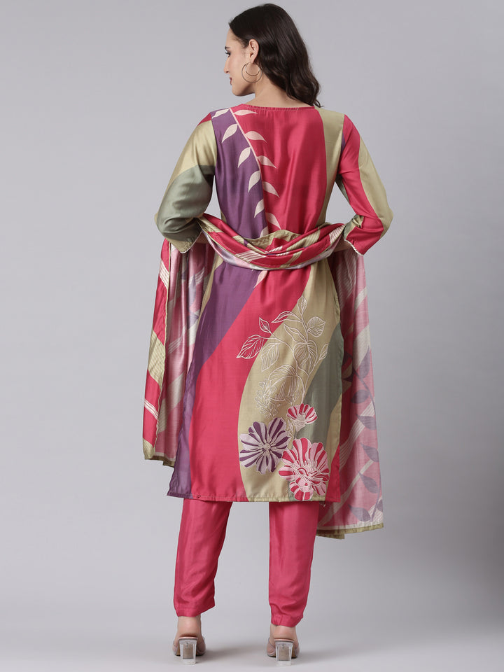 Magenta Dola Silk Embroidered With Work Three Piece Set