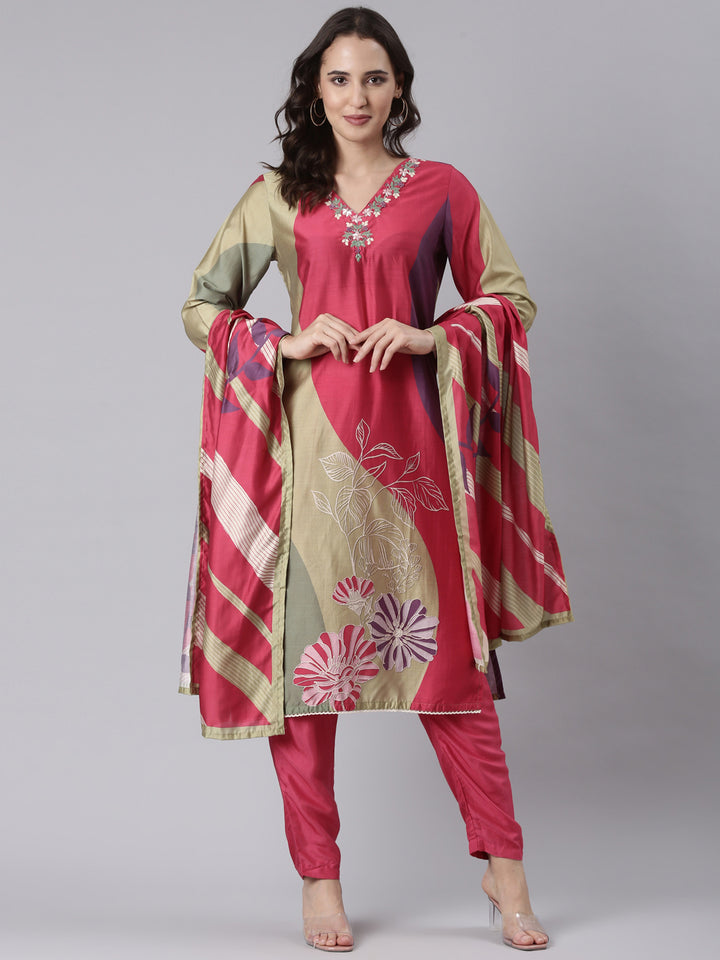 Magenta Dola Silk Embroidered With Work Three Piece Set