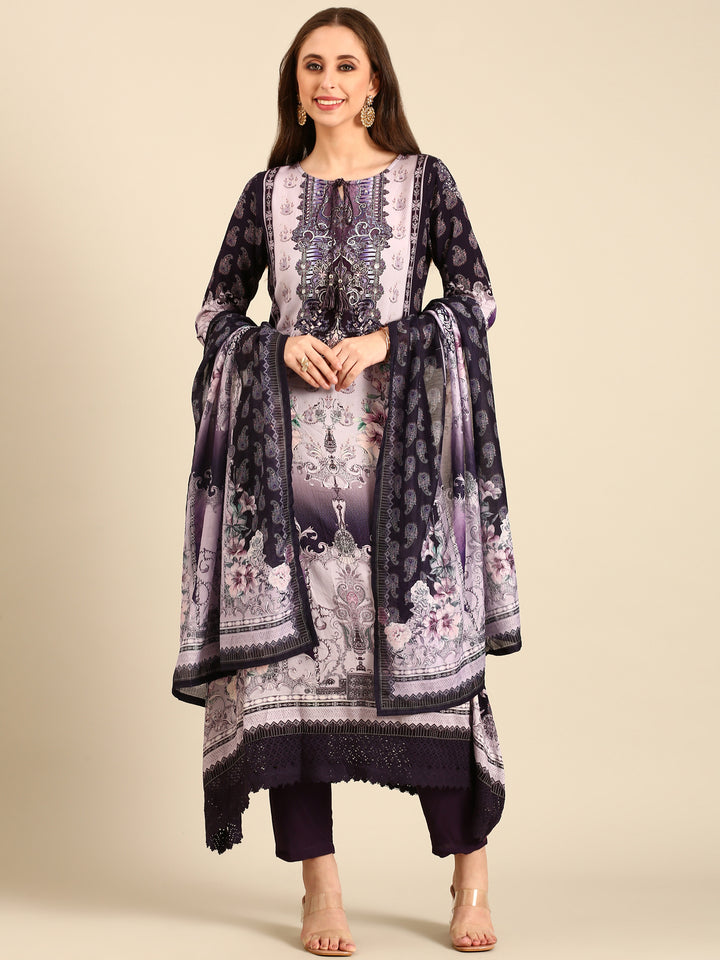 Deep Purple Rayon fabric three piece printed suit