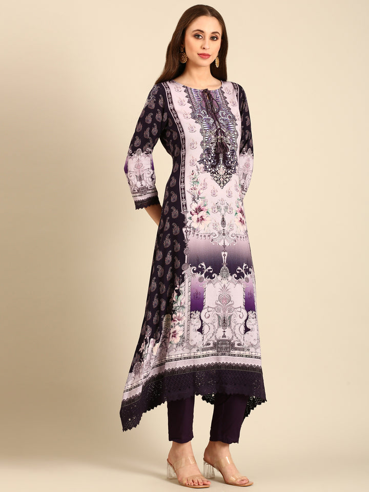 Deep Purple Rayon fabric three piece printed suit