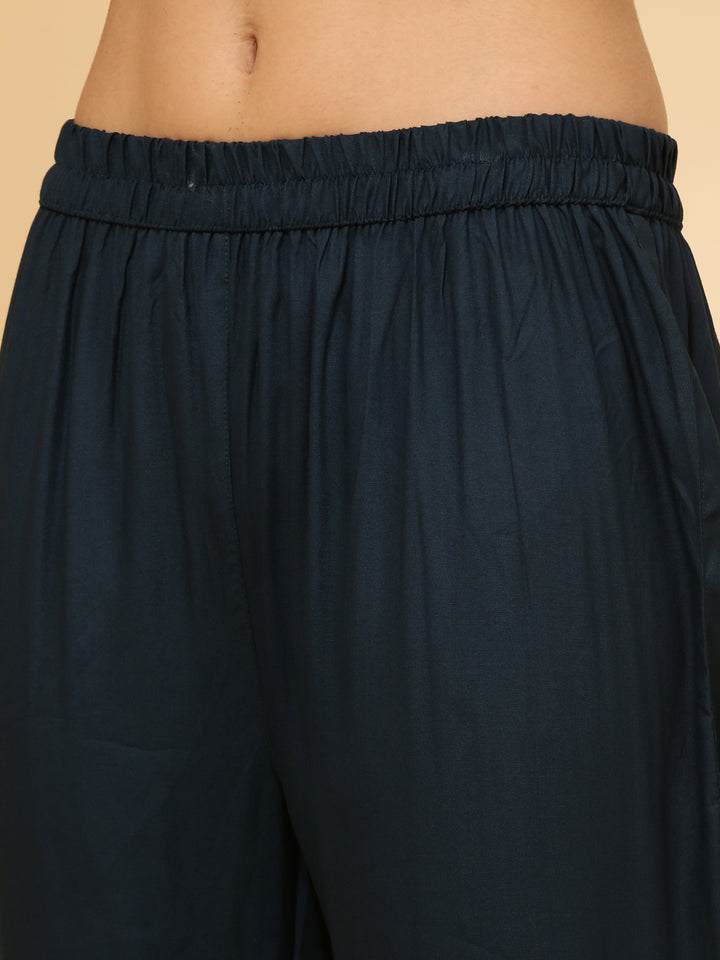 Navy Blue Rayon Printed Three Piece Set