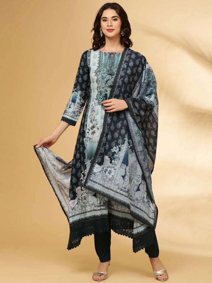 Navy Blue Rayon Printed Three Piece Set