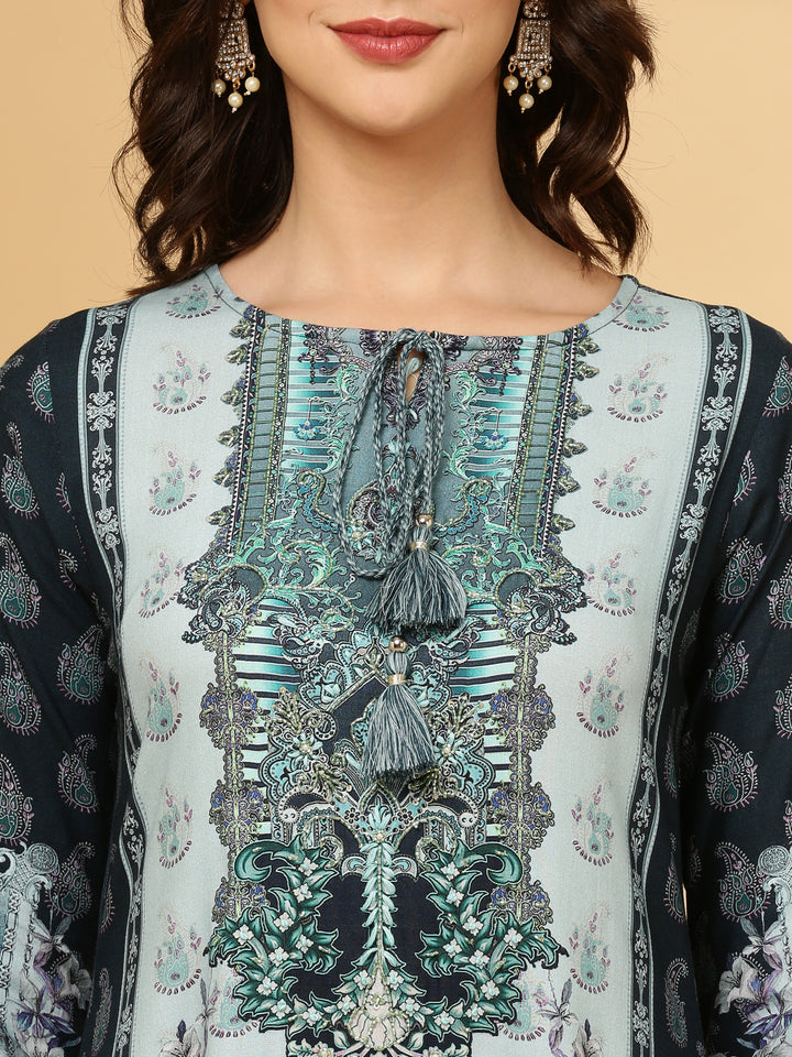 Navy Blue Rayon Printed Three Piece Set