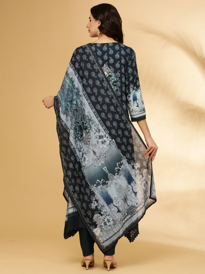 Navy Blue Rayon Printed Three Piece Set