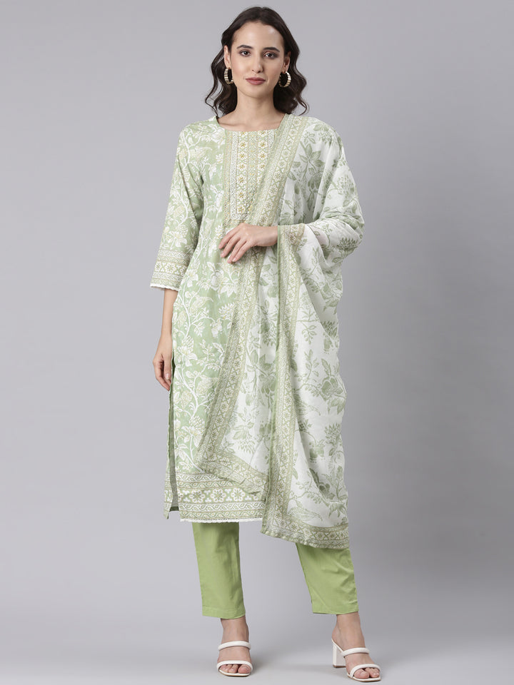 Green Rayon Printed Three Piece Set