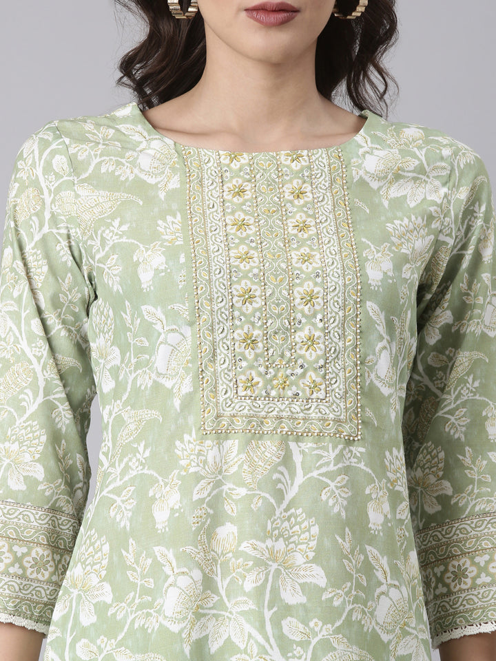 Green Rayon Printed Three Piece Set