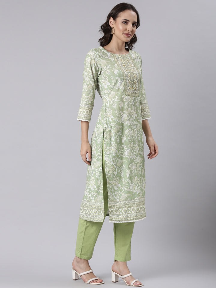 Green Rayon Printed Three Piece Set