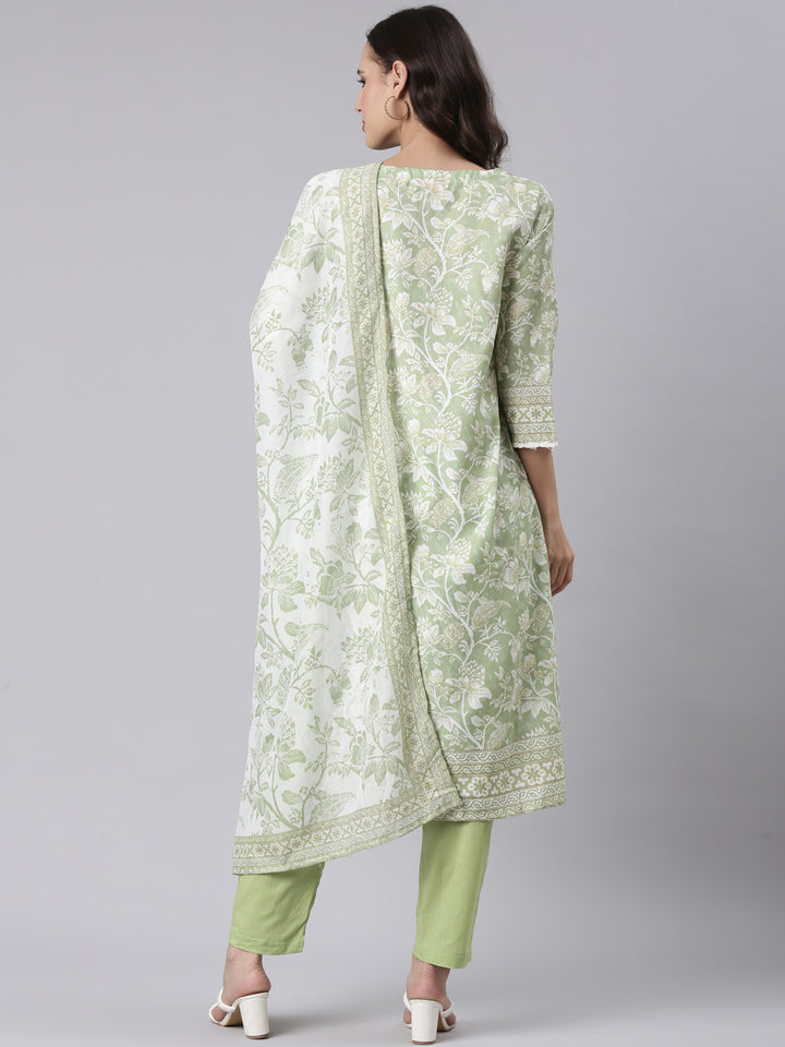 Green Rayon Printed Three Piece Set