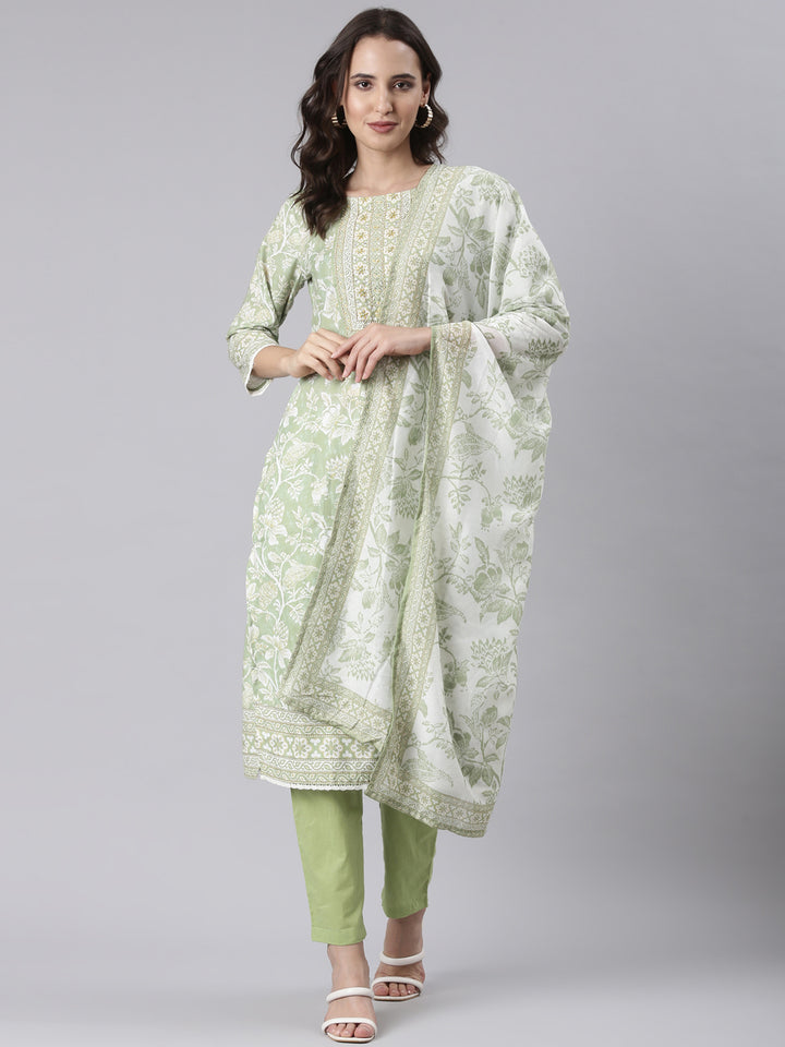 Green Rayon Printed Three Piece Set